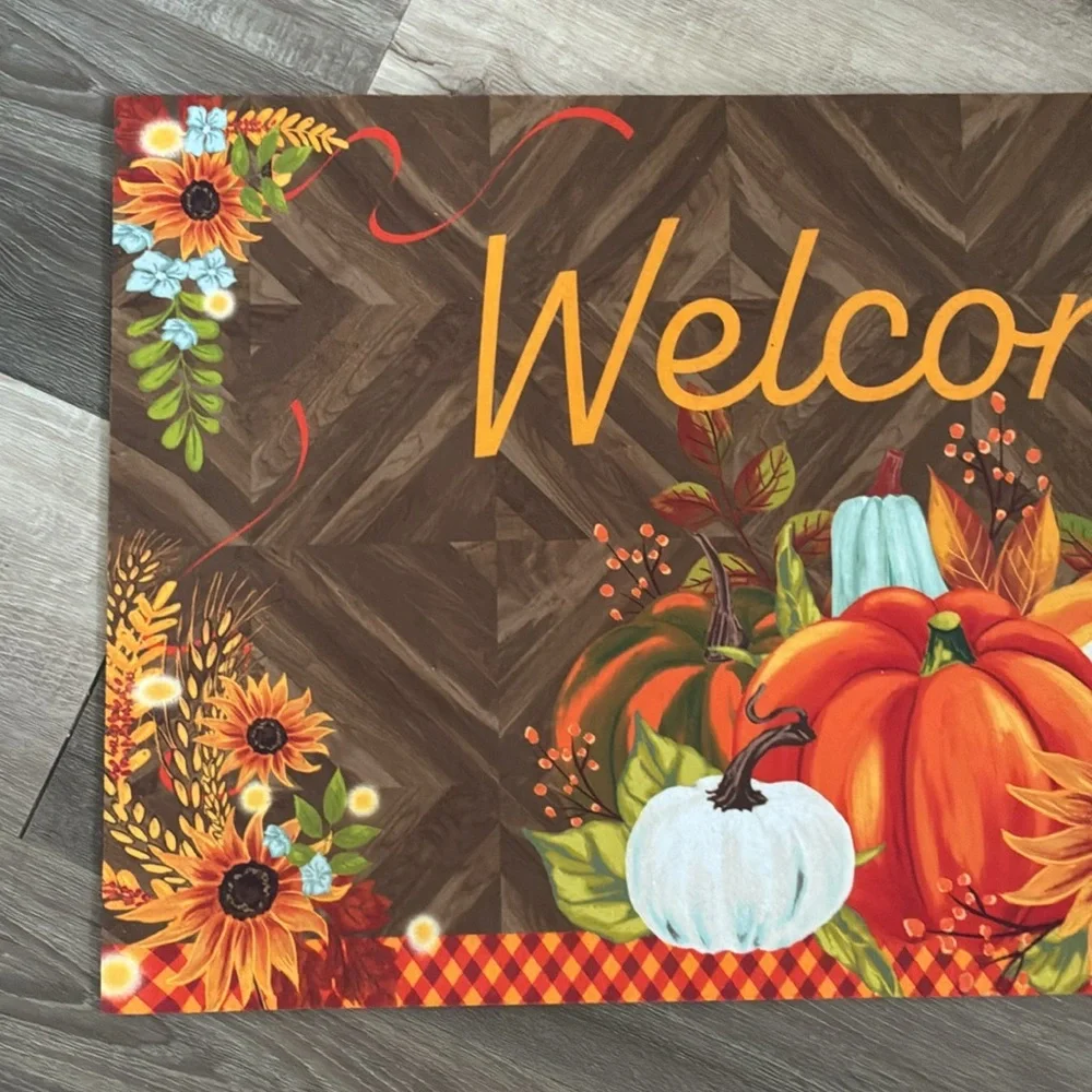 NWT- Fall Harvest- WELCOME Doormat with Pumpkins and Sunflowers- 16x28